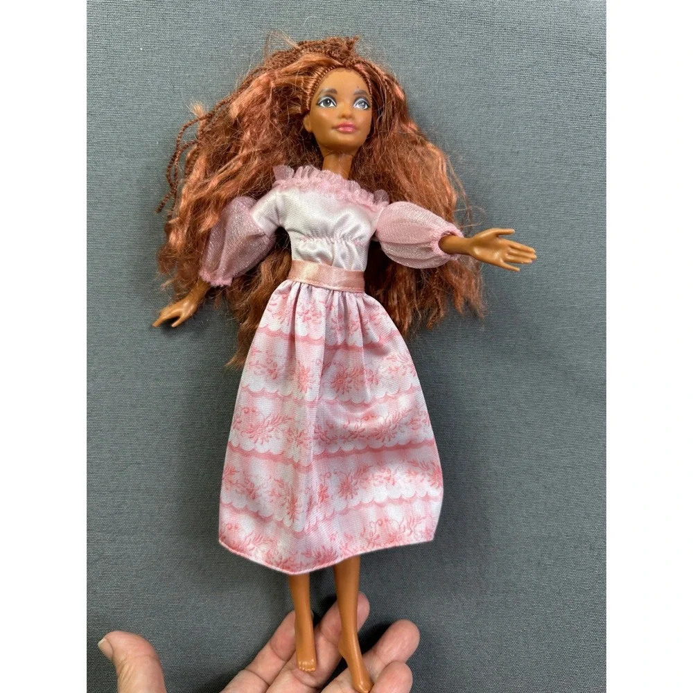 Barbie‎ Doll Auburn Wavy Red Hair with Braids Pink Floral Puff Sleeve Dress